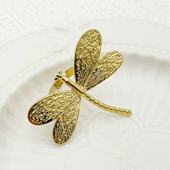 Stainless Steel Insect Dragonfly Embossed Fashion Ring Electroplated