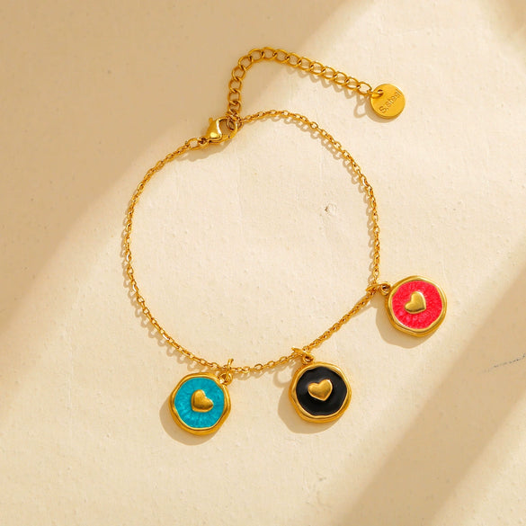 Stainless Steel Jewelry Accessories Vacuum Plated 18K Gold Heart Dripping Oil Bracelet Necklace Earrings Pendant