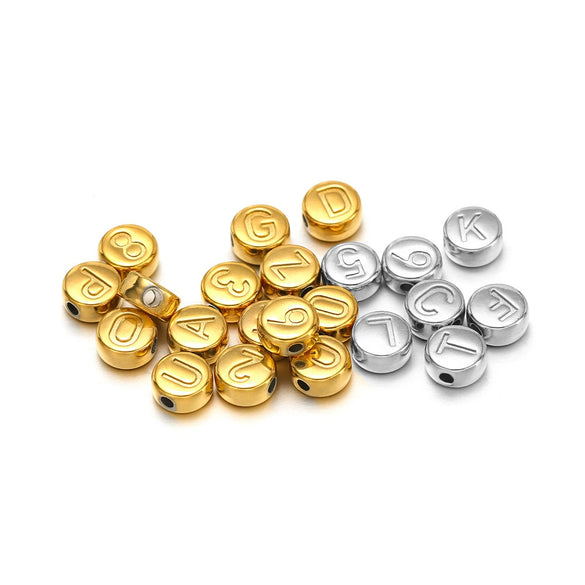 Stainless Steel Jewelry Accessories With Engraved 26 English Letters Flat Round Hole Beads Electroplated For Diy Necklace Bracelet Pendant