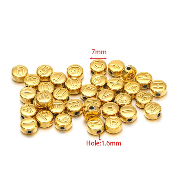Stainless Steel Jewelry Accessories With Engraved 26 English Letters Flat Round Hole Beads Electroplated For Diy Necklace Bracelet Pendant