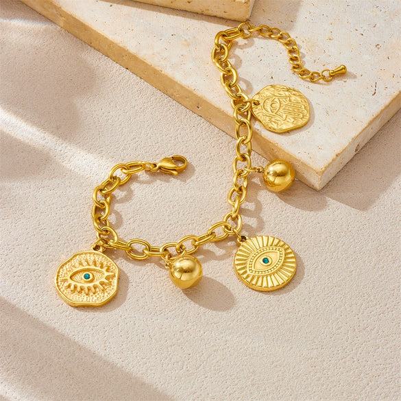 Stainless Steel Jewelry Bracelet With Irregular Round Concave And Convex Eye Turquoise Pendant Electroplated For Women Fashion Style