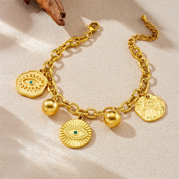 Stainless Steel Jewelry Bracelet With Irregular Round Concave And Convex Eye Turquoise Pendant Electroplated For Women Fashion Style