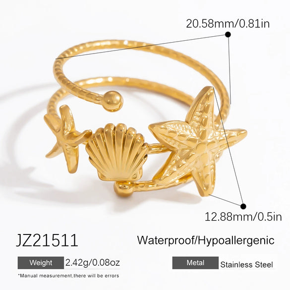Stainless Steel Jewelry Geometric Ring Marine Series Starfish And Conch Electroplated