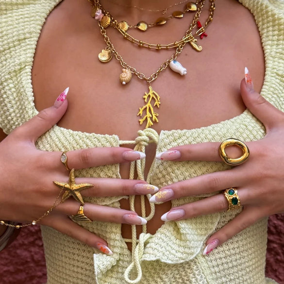 Stainless Steel Jewelry Geometric Ring Marine Series Starfish And Conch Electroplated