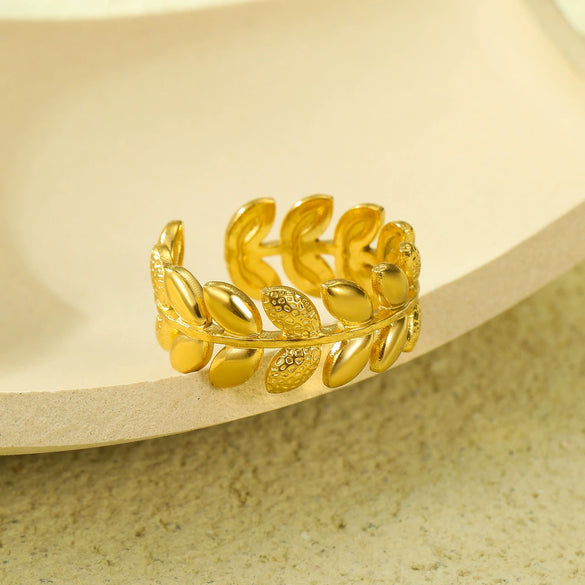 Stainless Steel Jewelry Gold Leaf Texture Ring Light Luxury Style Electroplated