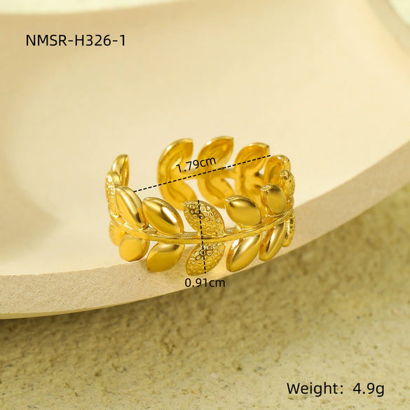 Stainless Steel Jewelry Gold Leaf Texture Ring Light Luxury Style Electroplated