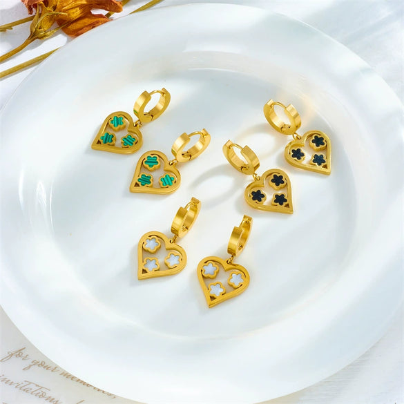 Stainless Steel Jewelry Heart Shape Plum Flower Hollow Love Pendant Earrings Electroplated For Women