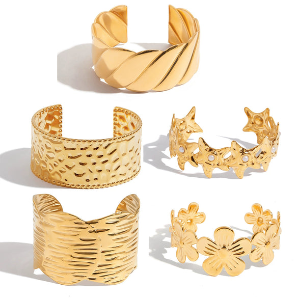 Stainless Steel Jewelry Modern Normcore Glossy Wavy Line Open Bracelet With Electroplating Design