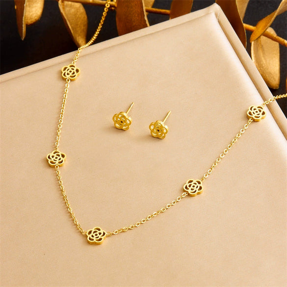 Stainless Steel Jewelry Set With Plants And Flowers Pattern Necklace Earring Bracelet For Women