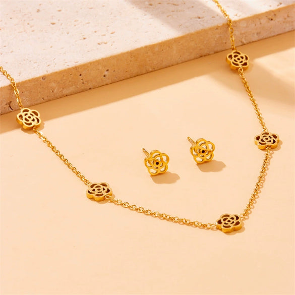 Stainless Steel Jewelry Set With Plants And Flowers Pattern Necklace Earring Bracelet For Women