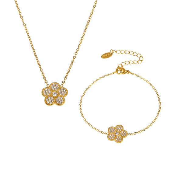 316L Stainless Steel Jewelry Set With Plum Blossom Inlaid Zircon For Women Light Luxury Style Electroplated