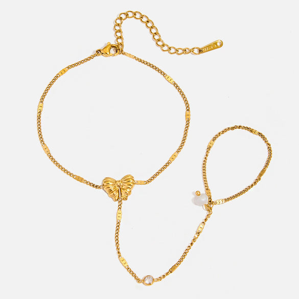 Stainless Steel Jewelry Women's Elegant Geometric Style Electroplated Bracelet With Pearl And Diamond Butterfly