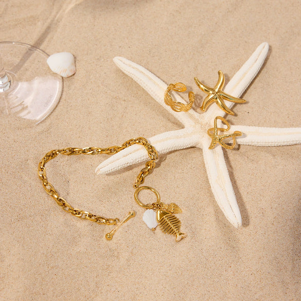Stainless Steel Jewelry Women's Geometric Shell Fish Bone Conch Pendant Bracelet With 18K Gold Electroplating