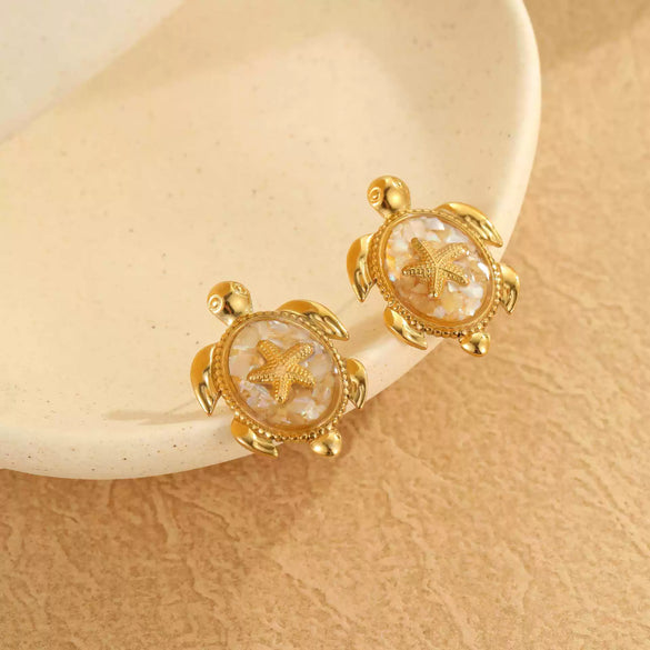Stainless Steel 18K Electroplated Animal Zodiac Style Turtle And Starfish Earrings