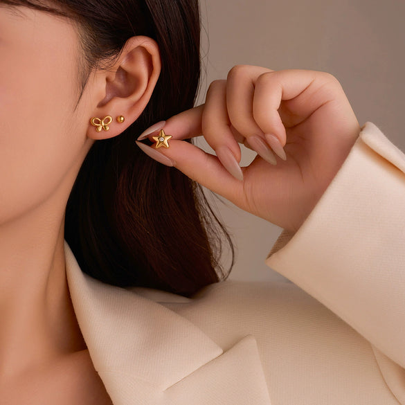 Stainless Steel 18K Electroplated Bow Star Inlaid Zircon Women's Earrings Set