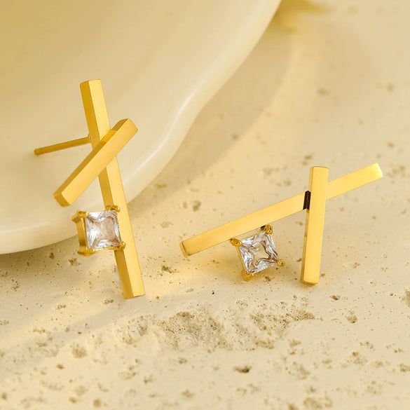 Stainless Steel 18K Electroplated Cross Zircon Women's Earrings Simple Fashion Design