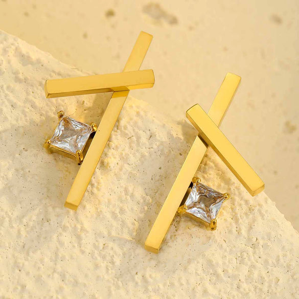 Stainless Steel 18K Electroplated Cross Zircon Women's Earrings Simple Fashion Design