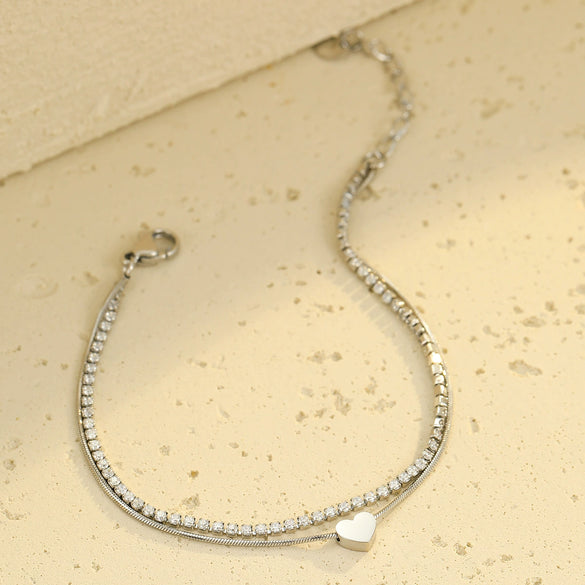 Stainless Steel 18K Electroplated Doublelayer Love Zircon Stacked Bracelet For Men And Women