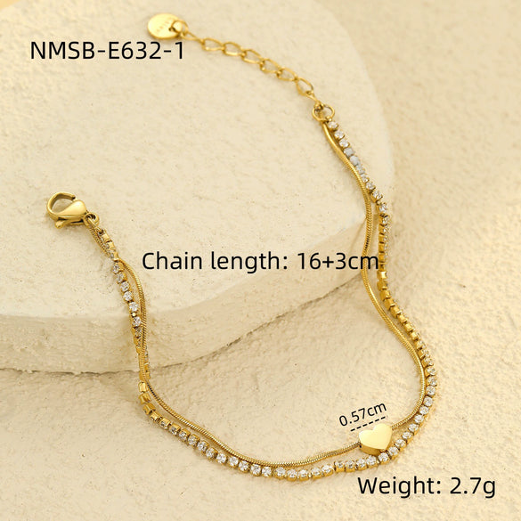 Stainless Steel 18K Electroplated Doublelayer Love Zircon Stacked Bracelet For Men And Women