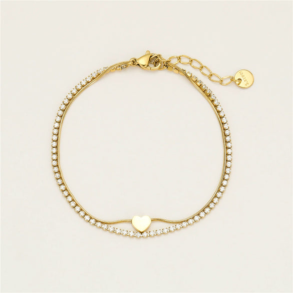Stainless Steel 18K Electroplated Doublelayer Love Zircon Stacked Bracelet For Men And Women
