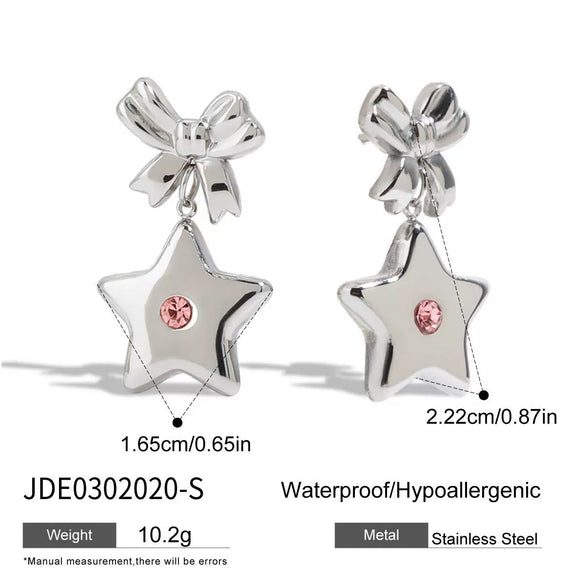 Stainless Steel 18K Electroplated Fivepointed Star Bow Earrings For Women