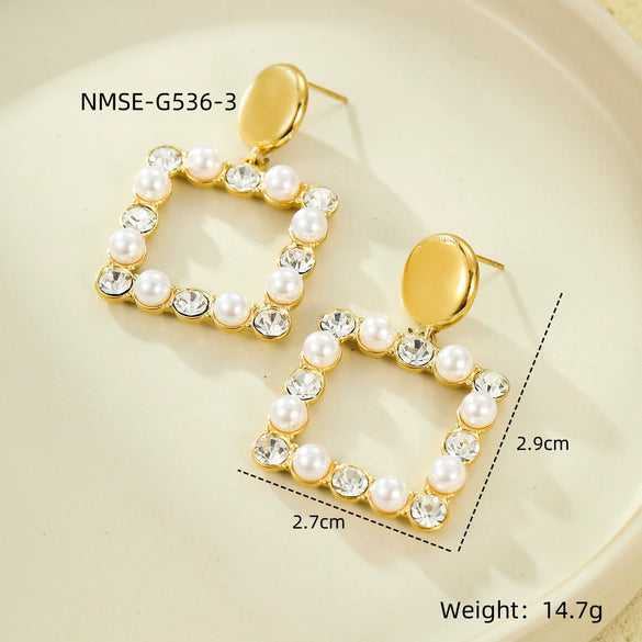 Stainless Steel 18K Electroplated Love Square Zircon Pearl Pendant Earrings For Women Fashion Style