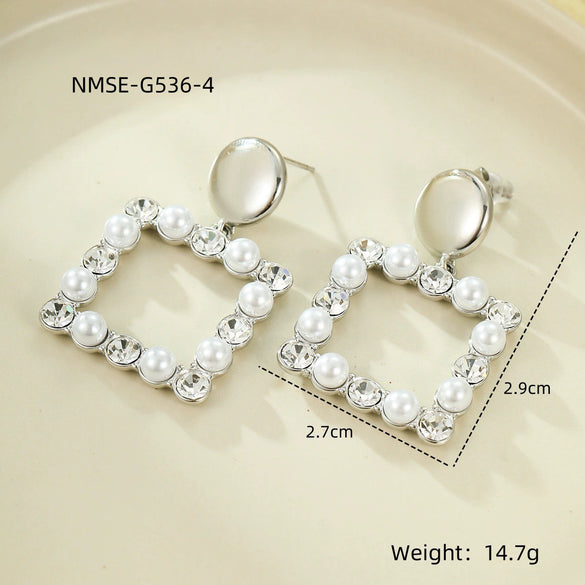 Stainless Steel 18K Electroplated Love Square Zircon Pearl Pendant Earrings For Women Fashion Style