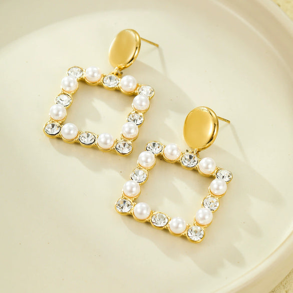 Stainless Steel 18K Electroplated Love Square Zircon Pearl Pendant Earrings For Women Fashion Style
