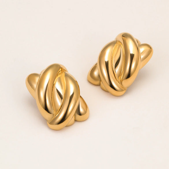 Stainless Steel 18K Gold Electroplated Geometric Asymmetrical Square Pleated Striped Women's Earrings