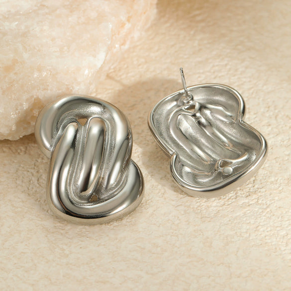 Stainless Steel 18K Gold Electroplated Geometric Asymmetrical Square Pleated Striped Women's Earrings