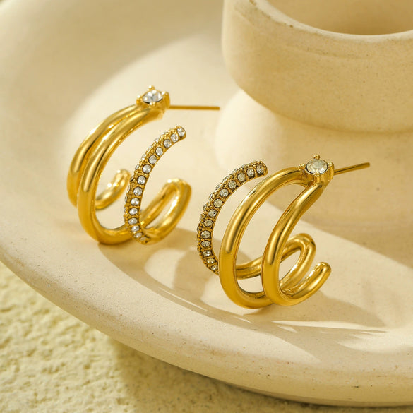 Stainless Steel 18K Gold Electroplated Geometric Retro Microencrusted Zircon Women's Earrings
