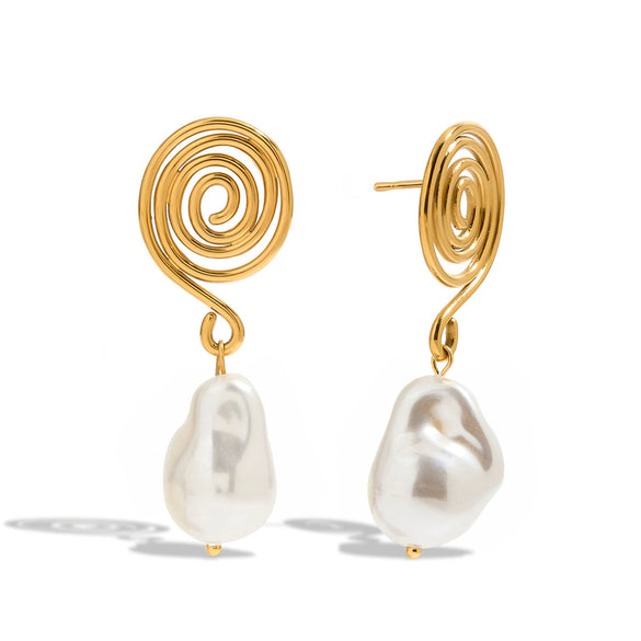 Stainless Steel 18K Gold Electroplated Geometric Spiral Imitation Pearl Women's Earrings