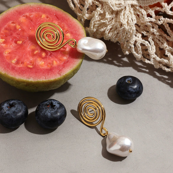 Stainless Steel 18K Gold Electroplated Geometric Spiral Imitation Pearl Women's Earrings