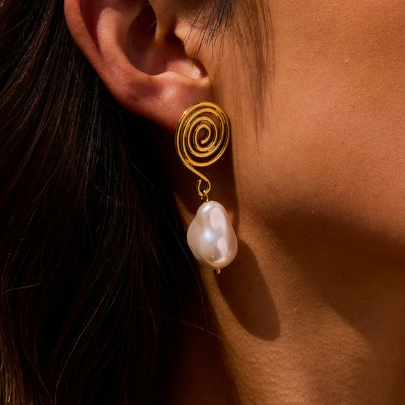 Stainless Steel 18K Gold Electroplated Geometric Spiral Imitation Pearl Women's Earrings