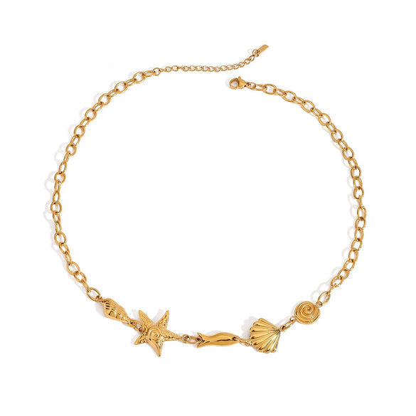 Stainless Steel 18K Gold Electroplated Ocean Wind Conch Shell Starfish Small Fish Women's Necklace