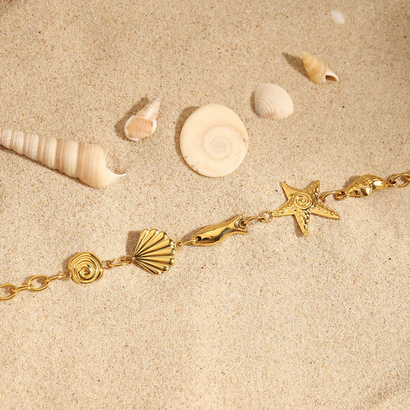 Stainless Steel 18K Gold Electroplated Ocean Wind Conch Shell Starfish Small Fish Women's Necklace