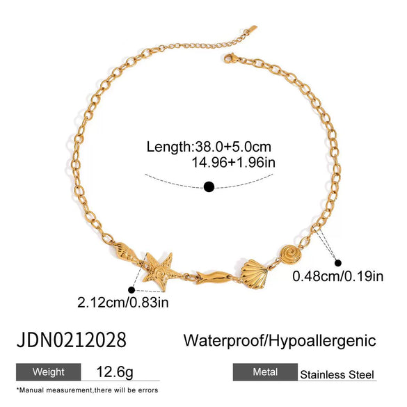 Stainless Steel 18K Gold Electroplated Ocean Wind Conch Shell Starfish Small Fish Women's Necklace