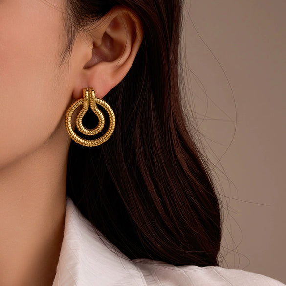 Stainless Steel 18K Gold Electroplated Striped Women's Earrings Retro Style
