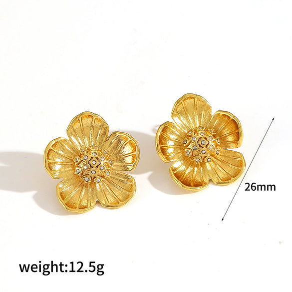 Stainless Steel 18K Gold Flower Geometric Diamond Women's Earrings