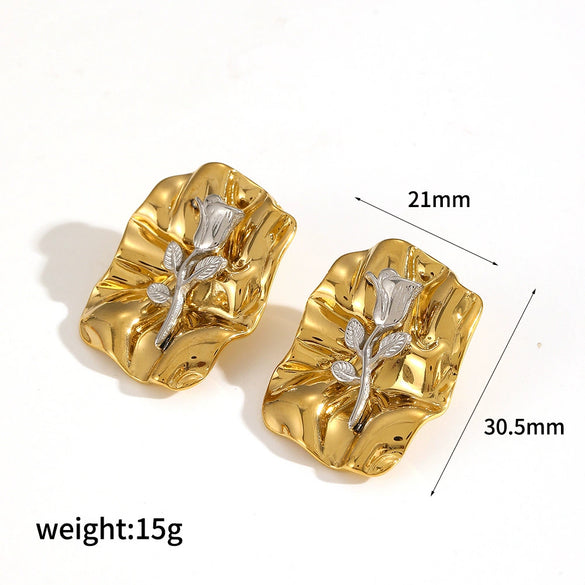 Stainless Steel 18K Gold Flower Geometric Diamond Women's Earrings