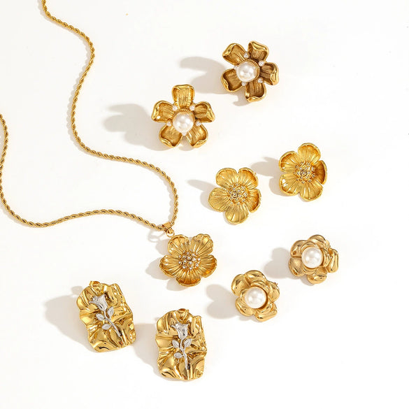 Stainless Steel 18K Gold Flower Geometric Diamond Women's Earrings