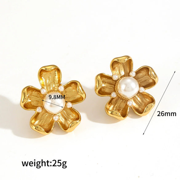 Stainless Steel 18K Gold Flower Geometric Diamond Women's Earrings