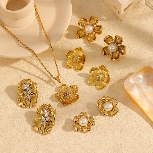 Stainless Steel 18K Gold Flower Geometric Diamond Women's Earrings