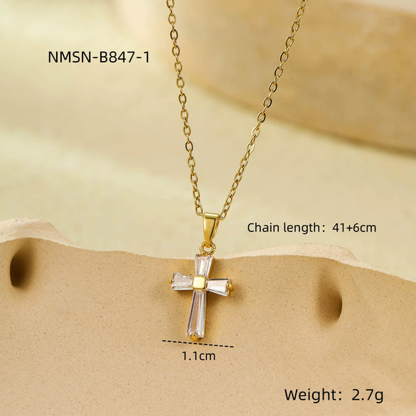 Stainless Steel 18K Gold Geometric Cross Pendant Inlaid With White Zircon Electroplated Women's Clavicle Necklace