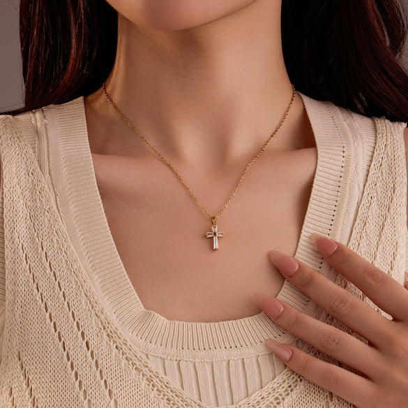 Stainless Steel 18K Gold Geometric Cross Pendant Inlaid With White Zircon Electroplated Women's Clavicle Necklace