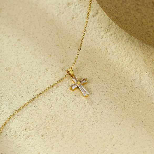 Stainless Steel 18K Gold Geometric Cross Pendant Inlaid With White Zircon Electroplated Women's Clavicle Necklace