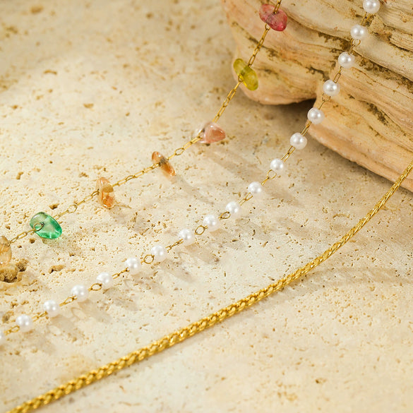 Stainless Steel 18K Gold Plated Clavicle Necklace With Multichain And Pearl Colorful Gravel