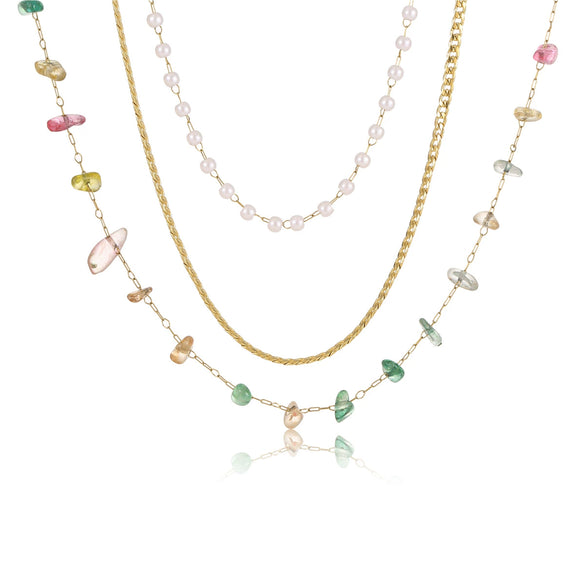 Stainless Steel 18K Gold Plated Clavicle Necklace With Multichain And Pearl Colorful Gravel
