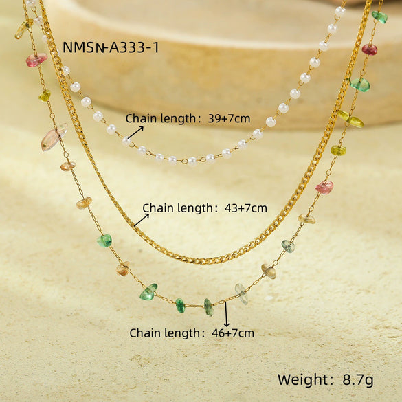 Stainless Steel 18K Gold Plated Clavicle Necklace With Multichain And Pearl Colorful Gravel