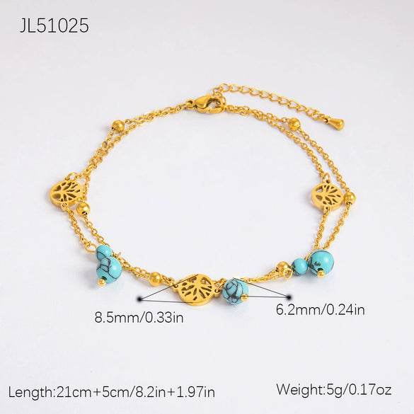 Stainless Steel 18K Gold Plated Life Tree Turquoise Zircon Pearl Anklet For Women